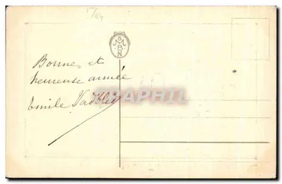 Paisagem invernal — dois pássaros vermelhos — texto 'Bom e feliz ano' — editor M.B.N. (verso) — Verso