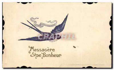 Oiseau messager — illustration d'un oiseau portant un ruban avec l'inscription 'Elle vous apporte le parfum des fleurs' — éditeur non visible