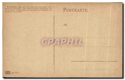 Bacharach — Widok na Rzeka Ren i ruiny — Anaudis Karten von Rhein & Beckhardt-Köln, n° 117 — Rewers