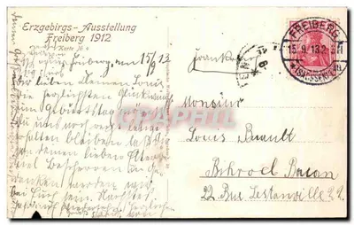 Estátua de um mineiro na mina Bergwerkstelle — Erzgebirgs-Ausstellung Freiberg 1912 — editor não visível — Verso