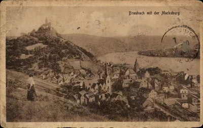 Braubach com a Marksburg — vista panorâmica — Verlag A. Brahm, Tih. Jec. Odenwald, Köln