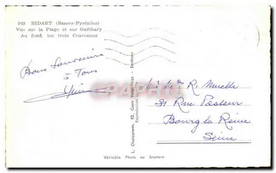 Bilhete postal antigo Bidart Vista da Praia e Guethary no fundo as Três Coroas — Verso