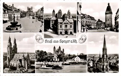 Torre de Speyer — Collage de vistas da cidade — Editor: Wilh. Maul, Ludwigshafen a. Rh.