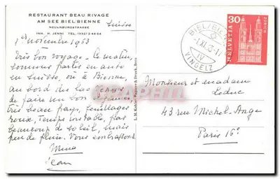 Biel/Bienne — Lago de Bienne — Restaurante Beau Rivage — editor L.M. Kohler-Papiere & Druck, Bern — Verso
