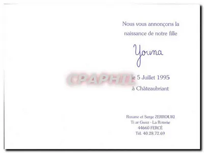 Urodziny Youmy — ogłoszenie Roxane i Serge ZERROUKI — Châteaubriant — Rewers