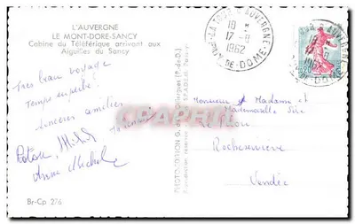 Mont-Dore-Sancy — Kabine van het Teleferiek aankomend bij de Aiguilles du Sancy — G.d’O, uitgave SPADEM — Achterkant