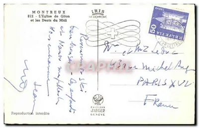 Montreux — Widok na kościoł w Glion i Zęby Południa — Wydawnictwo Jaeger Genève, nr 812 — Rewers