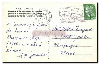 Bernadetta w Bartrès pasie owce — Wydawca A. Doucet, Lourdes — Rewers