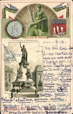 Bilhete postal antigo Paris Estátua da República