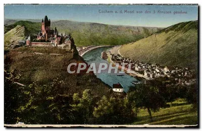 Cochem a.d. Mosel von den 3 Kreuzen gesehen — vista do castelo e do vilarejo na margem do rio — editor Bergigel & Co., D. 40030