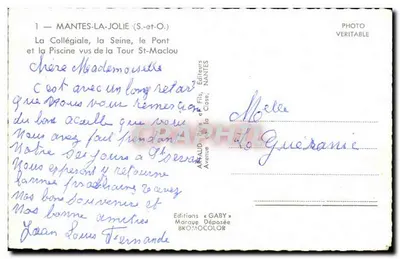 Mantes-la-Jolie (S.-et-O.) — A Colegiata, a Sena, o Ponte e a Piscina vistos da Torre St-Maclou — Edições Gaby — Verso