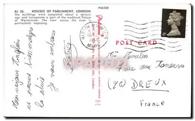 Casas do Parlamento, Londres — vista desde a Tamisa — editor Gith Books Ltd, n° P46530 — Verso