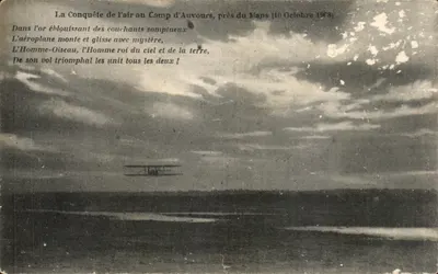 Bilhete postal antigo A Conquista do Ar no Campo de Auvours perto de Mans 10 de outubro de 1908