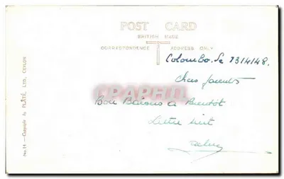 O Novo Palácio Municipal, Colombo, Ceilão — editor Plâté, Ltd. n°14 — Verso