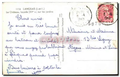 Zamek Langeais — fasada z XV wieku nad ogródkiem — Wydawnictwo Martel — Rewers