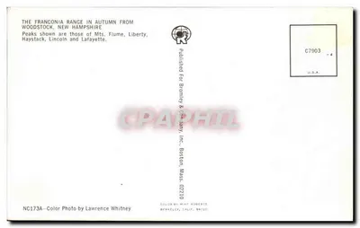 La cadena de Franconia Range — White Mountains, N.H. — vista de otoño — editor Bramley & Company, Boston — Reverso