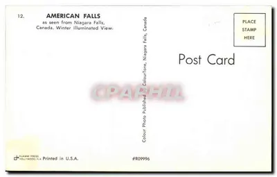Stara pocztówka American Falls — zimowa widoczność oświetlona — Dukane Press, Hollywood, Fla. #R09996 — Rewers