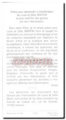Louis und Zélie MARTIN — Eltern von Sainte Thérèse — Seliggesprochene seit 1994 — Brief 261 — Rückseite