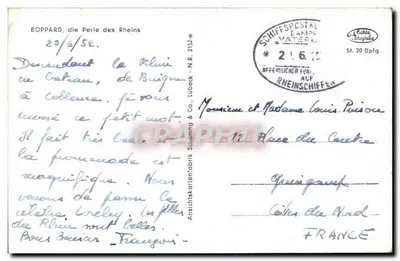 Boppard, Perła Renów — widok na Ren z wysepki z drzewami — Anschikartentabrik Schening & Co., N.R. 2152-e — Rewers