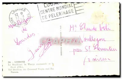 Lourdes — Bazylika, Najświętsza Panna Maria z koroną i kapłan z Arès — Éditions Méditerranées, n° 94 — Rewers