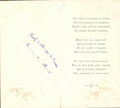 Poema amoroso — texto impresso e escrita à mão — sem editor ou número de série visíveis
