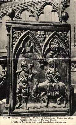 Saulieu — Painel da Stalle do Doyen do Capítulo — Fuga para o Egito, São José carrega o barril burguês — editor A. Ducdel, Kilvien, Saulieu