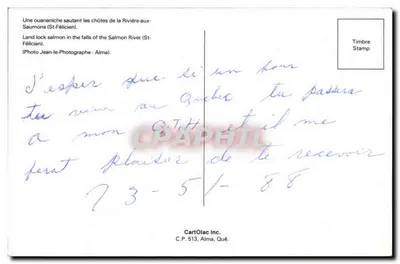 Ouananiche pulando as quedas da Rivière-aux-Saumons (St-Félicien) — CartOlac Inc., C.P. 513, Alma, Québec — Verso