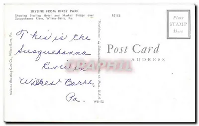Skyline do Kirby Park — Mostrando o Hotel Sterling e o Ponte de Mercado sobre o Rio Susquehanna, Wilkes-Barre, Pa. — Mebane Greeting Card Co., WB-52 — Verso