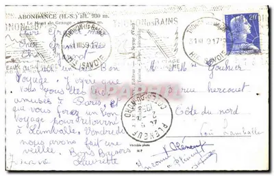Bilhete postal antigo Abondance o Mont de Grange — Verso