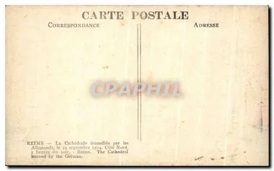 Reims — Katedra spalona przez Niemców, 19 września 1914. Strona północna — Wydawnictwo anonimowe — Rewers