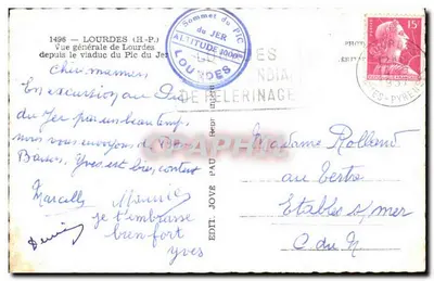 Ogólny widok Lourdes — z mostu wiaduktu Pic du Jer — Wydawca Jove, nr 1496 — Rewers
