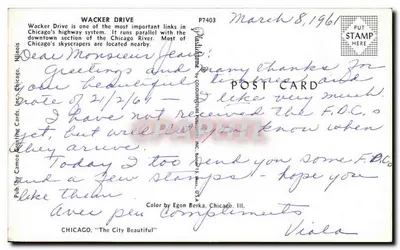 Chicago — Wacker Drive und Hochhäuser — Verlag: Cameco Greeting Cards, Inc. Nr. P7403 — Rückseite