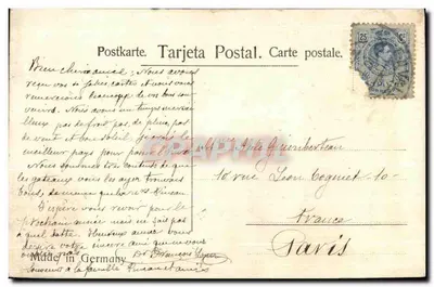 Fleurs de pensée violettes — illustration à l'encre et à l'aquarelle — éditeur 'Made in Germany' (verso) — Verso