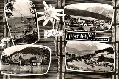 Oberstaufen no Allgäu — vista do Hochhart e do Santis, com teleférico e piscina — editor W. Roessler, n° 49-86-E 4
