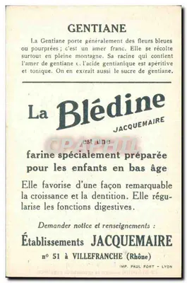 Gentiana — propaganda para a Blédine — editor Jacquemaire, n°51 a Villefranche (Rhone) — Verso