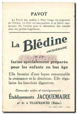 Pavoto — propaganda para a Blédine — editor Jacquemaire, n° 51 em Villefranche (Rhone) — Verso