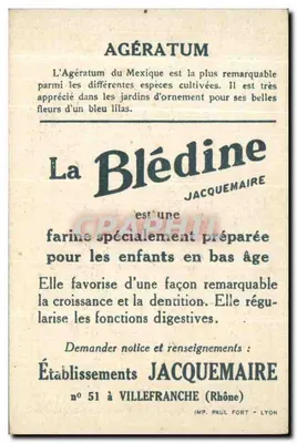 Blédine i Agératum — reklama medyczna i ogrodnicza — Zakłady Jacquemaire, Villefranche (Rhône) — Rewers