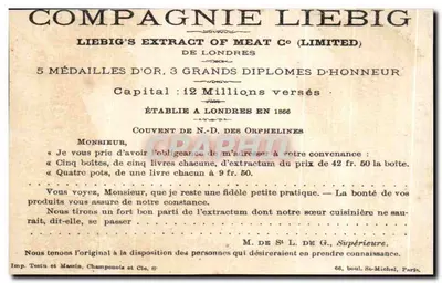 Dois crianças em um balão — propaganda para o Extrato Carnis da Companhia Liebig — editor Liebig's Extract of Meat Co. Limited — Verso