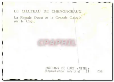 Zamek Chenonceau — Front zachodni i Duża Galeria nad rzeką Cher — Wydawnictwo Luksusowe «Estel» EI 10331 — Rewers