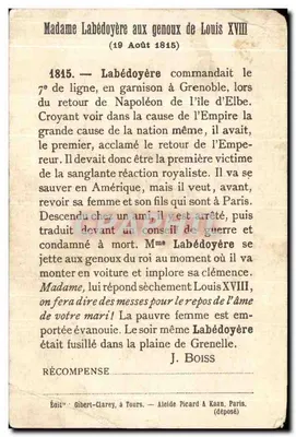 Madame Labédoyère aux genoux de Louis XVIII — scène historique — éditeur Gibert-Clarey, Tours — Verso