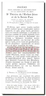 Thérèse de Lisieux — oración y plegaria — imprenta Thomas, év. de Bayeux y Lisieux — Reverso