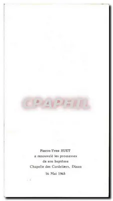 Karta chrzcielnika — Pierre-Yves HUET — Katedra Cordeliers, Dinan — 16 Maj 1965 — Rewers