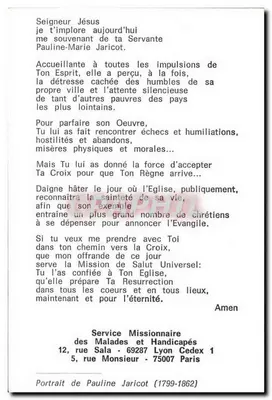 Pauline-Marie JARICOT — À Origem da Propagação da Fé — Serviço Missionário dos Doentes e Pessoas com Deficiência — Verso