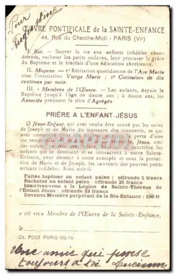 Jésus Criança — Obra Pontifical da Santa Infância — Paris — Verso