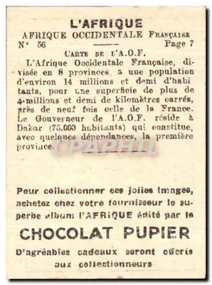 África Ocidental Francesa — mapa geográfico — editado pelo Chocolat Pupier, n° 56 — Verso