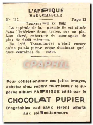 Madagascar — Tananarive em 1862 — Editado pelo Chocolat Pupier — Verso