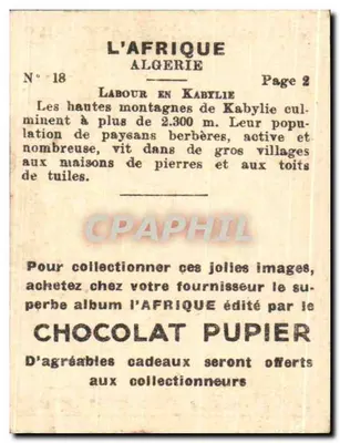 Argélia — Trabalho na Kabília — editado pela Chocolat Pupier, n°18 — Verso