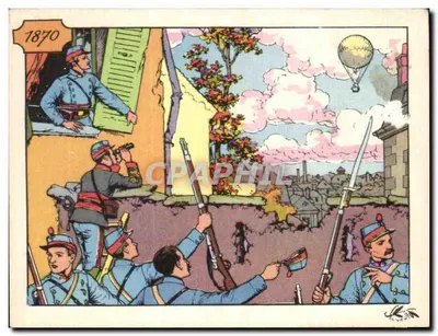 Cena de guerra em 1870 — soldados em uniforme azul, balão preso no céu — número de série não visível