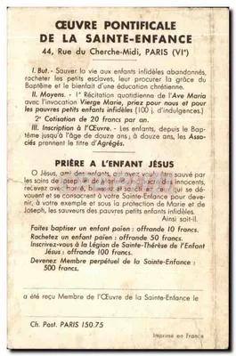 Święty Józef i Dzieciucha Jezus — dzieło papieskie Świętej Dzieciństwa — F. Biron, Sc. nr 9 — Rewers