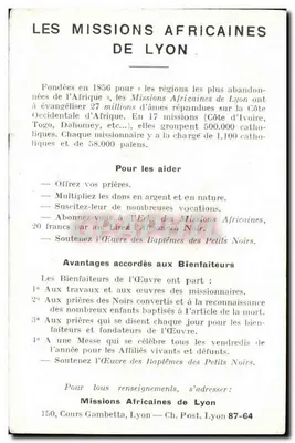 Oración por la conversión de África — Misiones Africanas de Lyon — N° 1 — Reverso